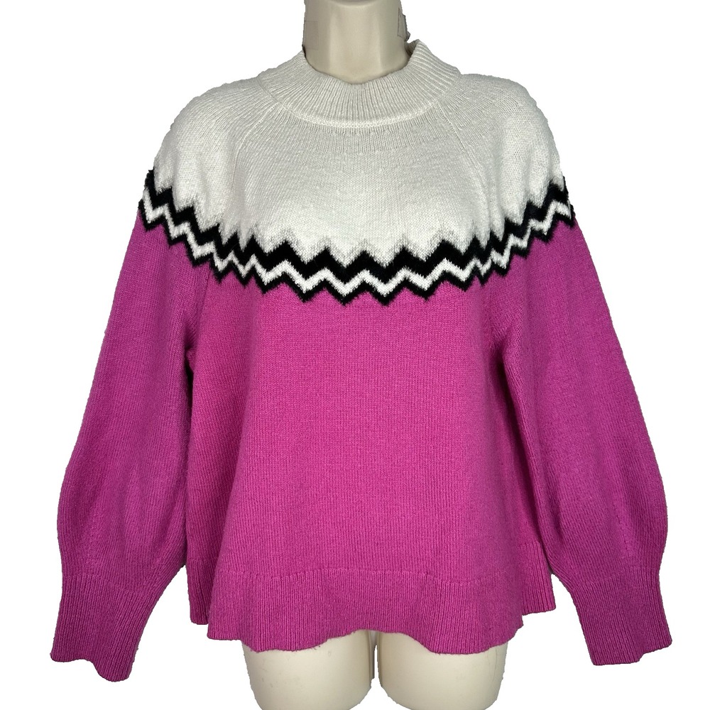 Ann Taylor Sweater Womens Medium Pink Chevron Mock Neck Balloon Sleeve Knit